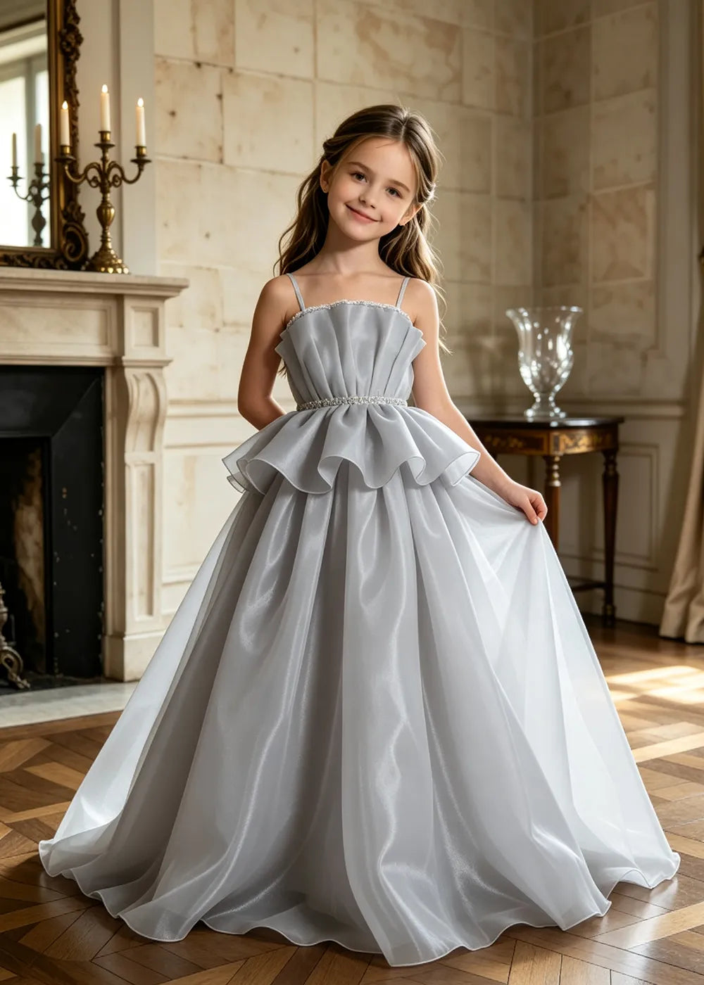 Pearl Waist Draped Flower Girl Ball Gown
