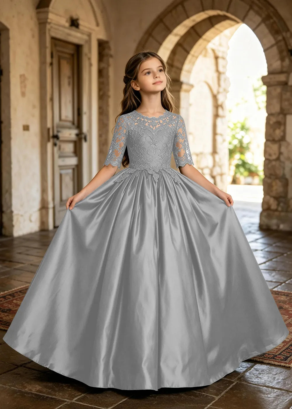 Floral Lace Satin Ball Gown for Girls