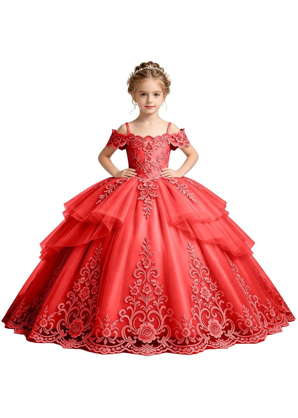 Tiered Floral Lace Princess Ball Gown for Girls