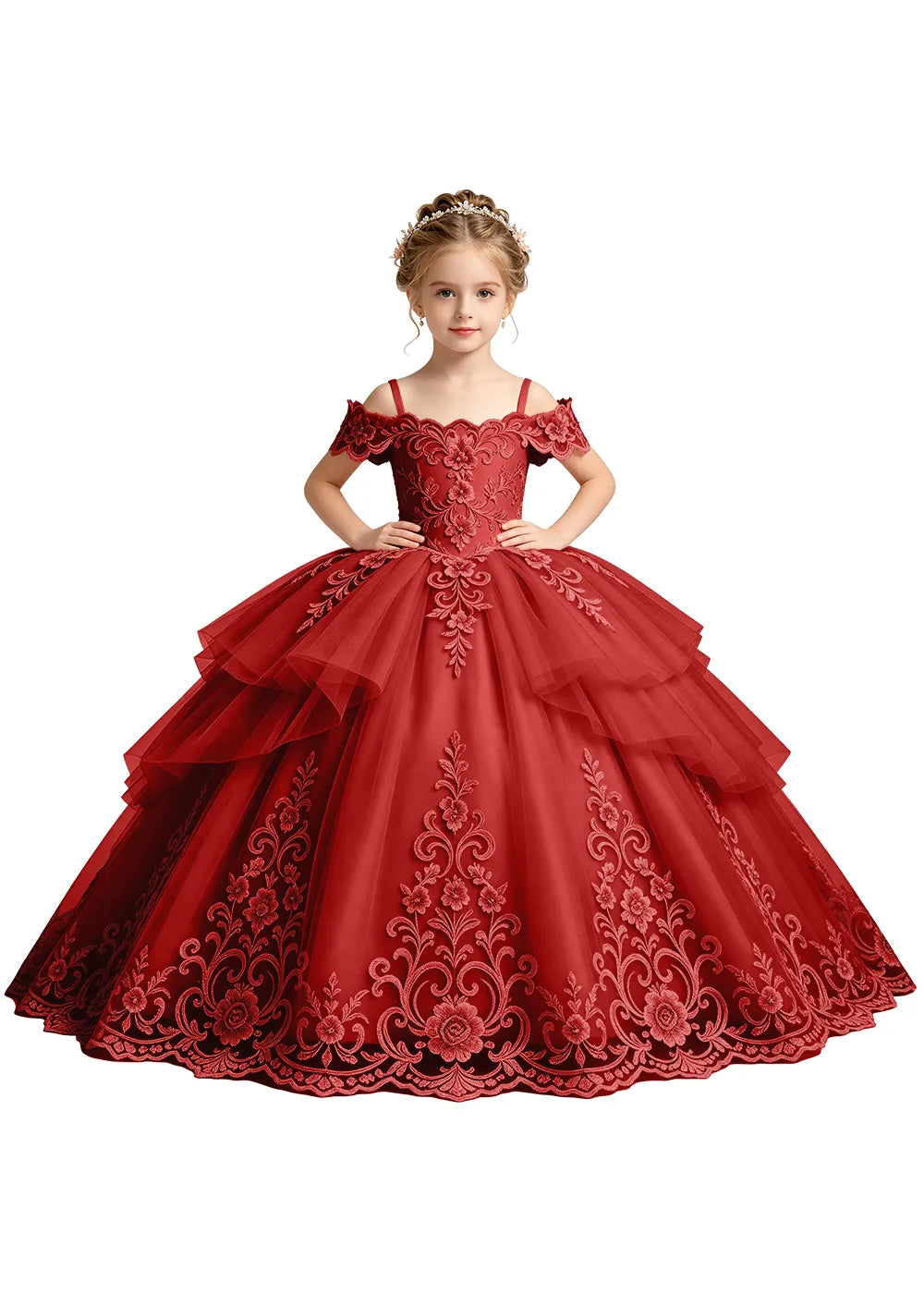 Tiered Floral Lace Princess Ball Gown for Girls