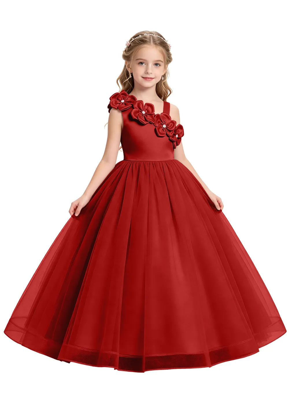 Asymmetrical Flower Appliqué Tulle Formal Dress