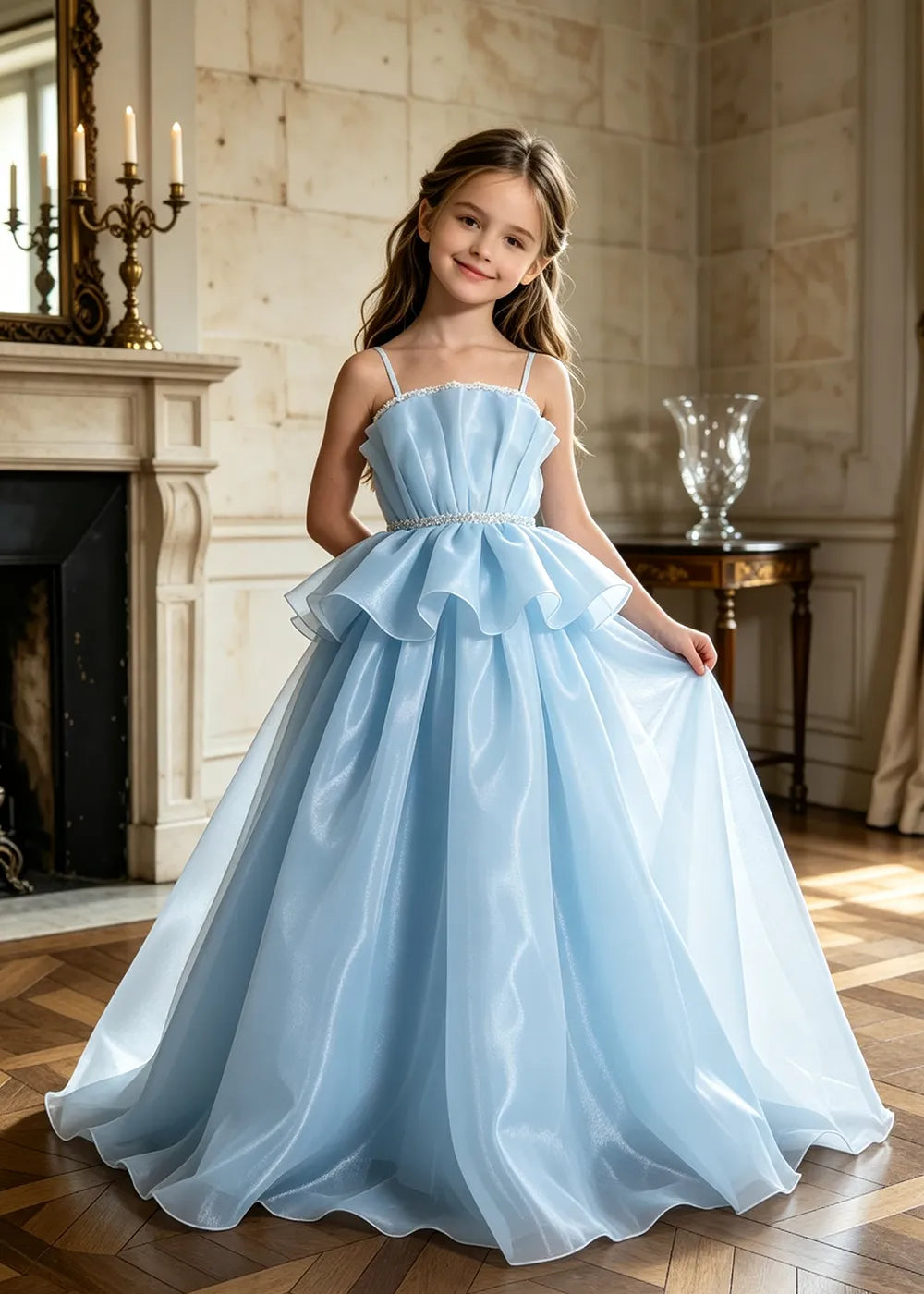 Pearl Waist Draped Flower Girl Ball Gown