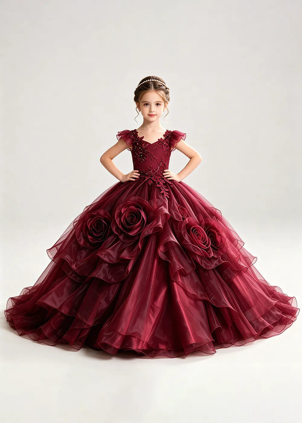 3D Rose Floral Pageant Ball Gown for Girls