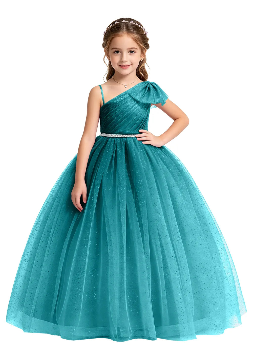 Bow Shoulder Sparkle Tulle Ball Gown