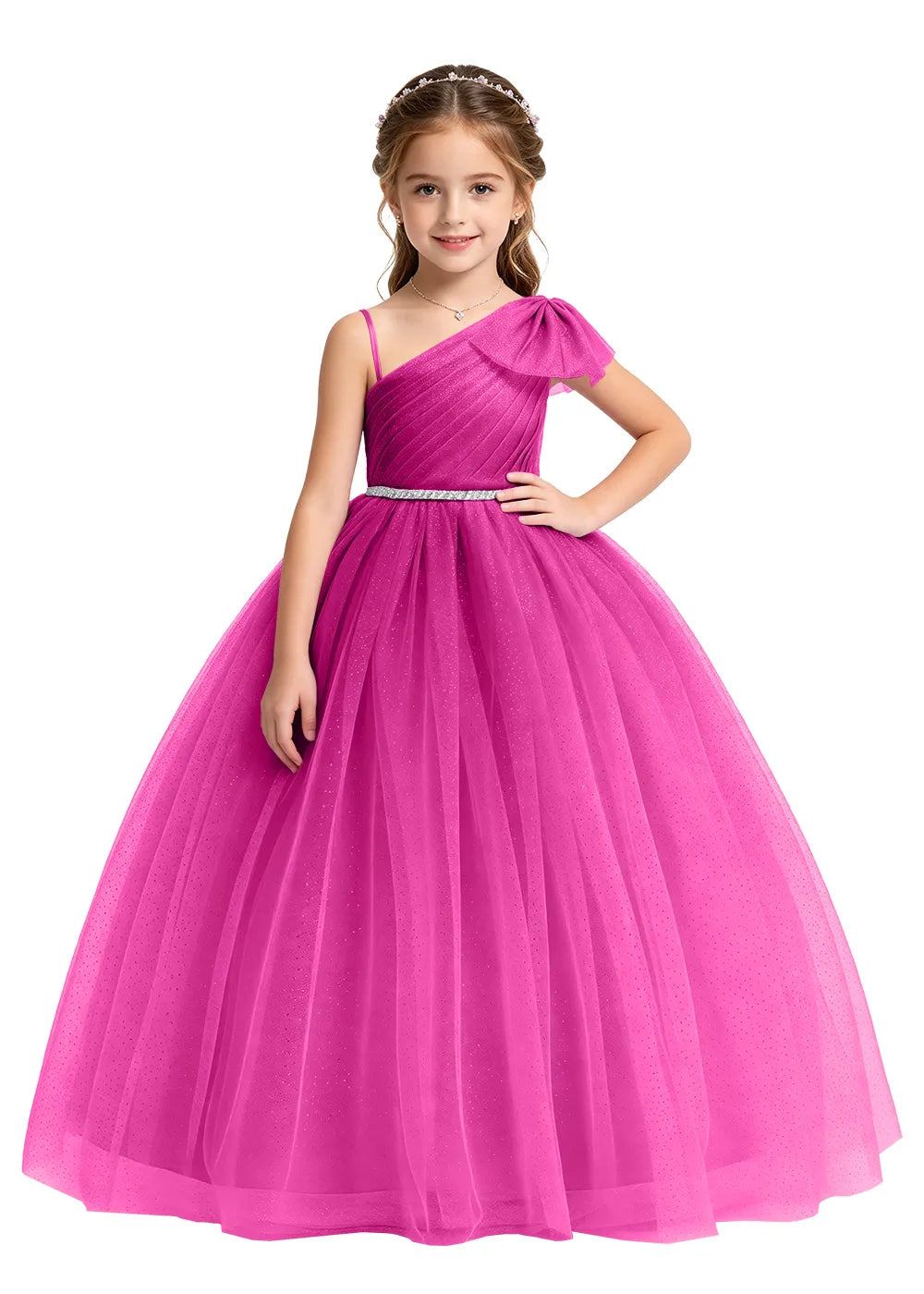 Bow Shoulder Sparkle Tulle Ball Gown