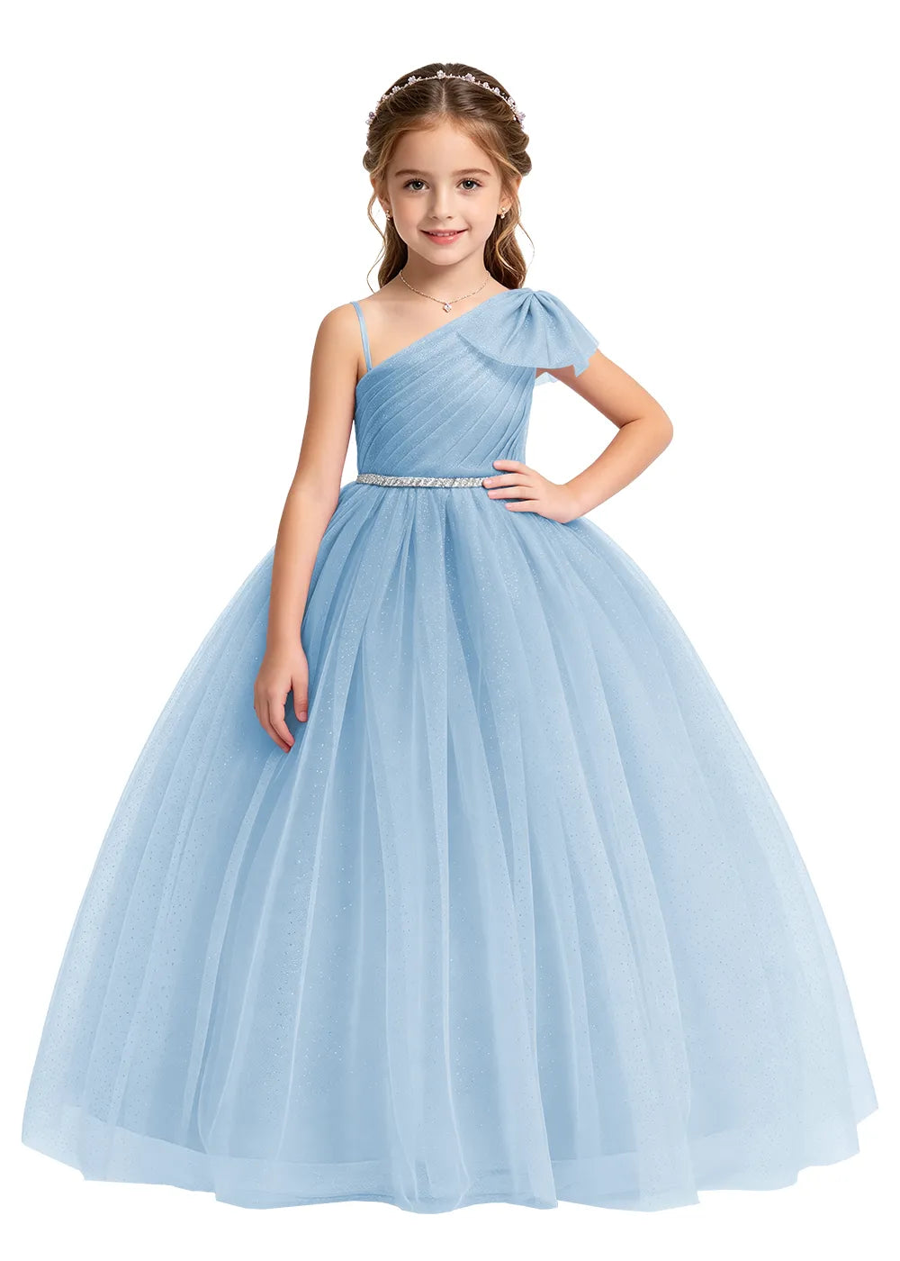 Bow Shoulder Sparkle Tulle Ball Gown