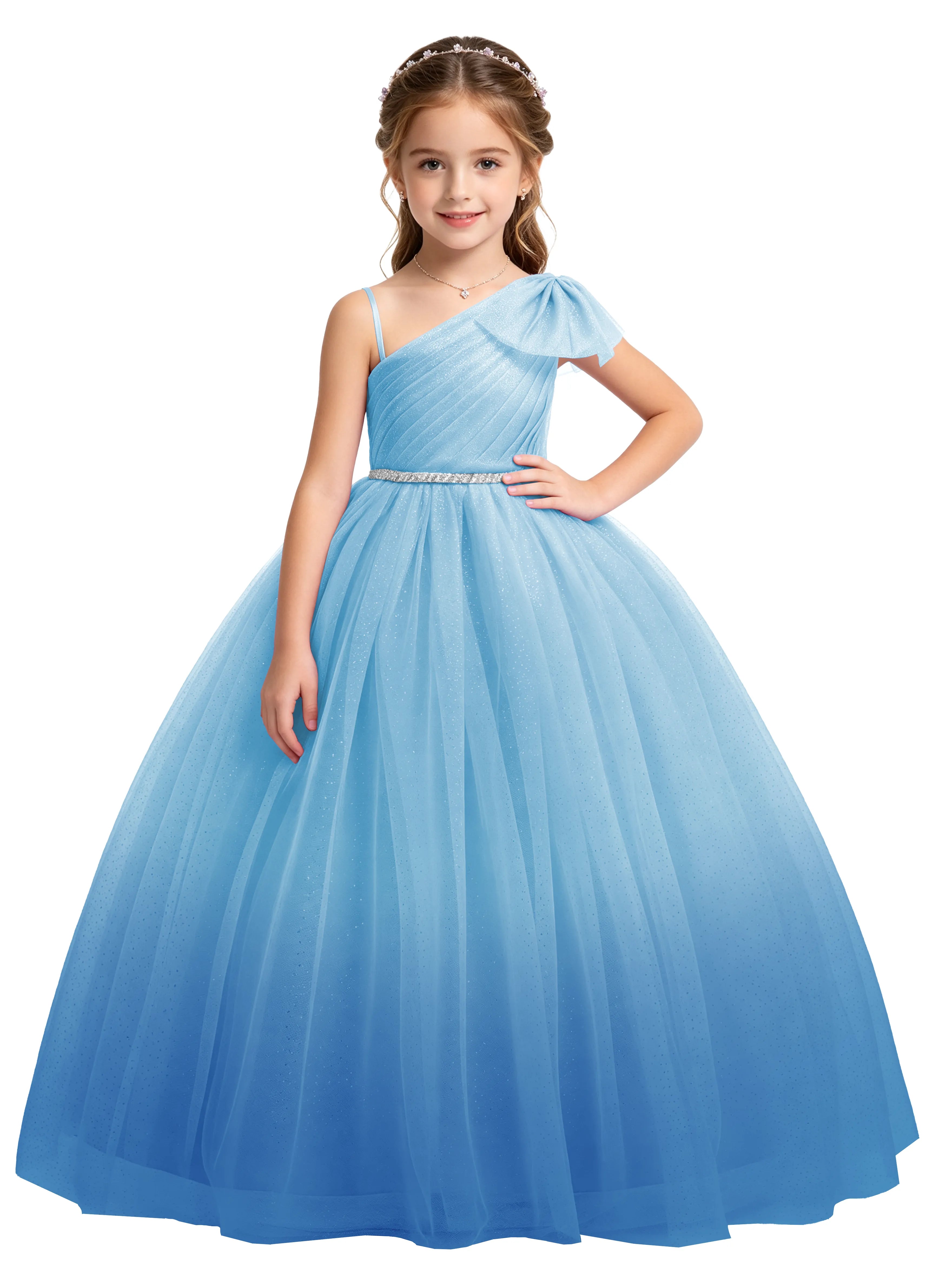 Bow Shoulder Sparkle Tulle Ball Gown