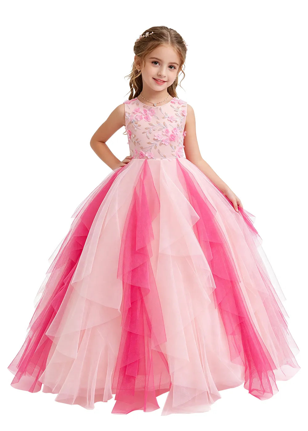Floral Appliqué Ruffle Tulle Princess Dress