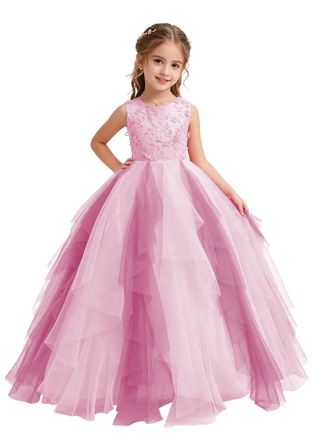 Layered Ruffle Tulle Ball Gown for Girls