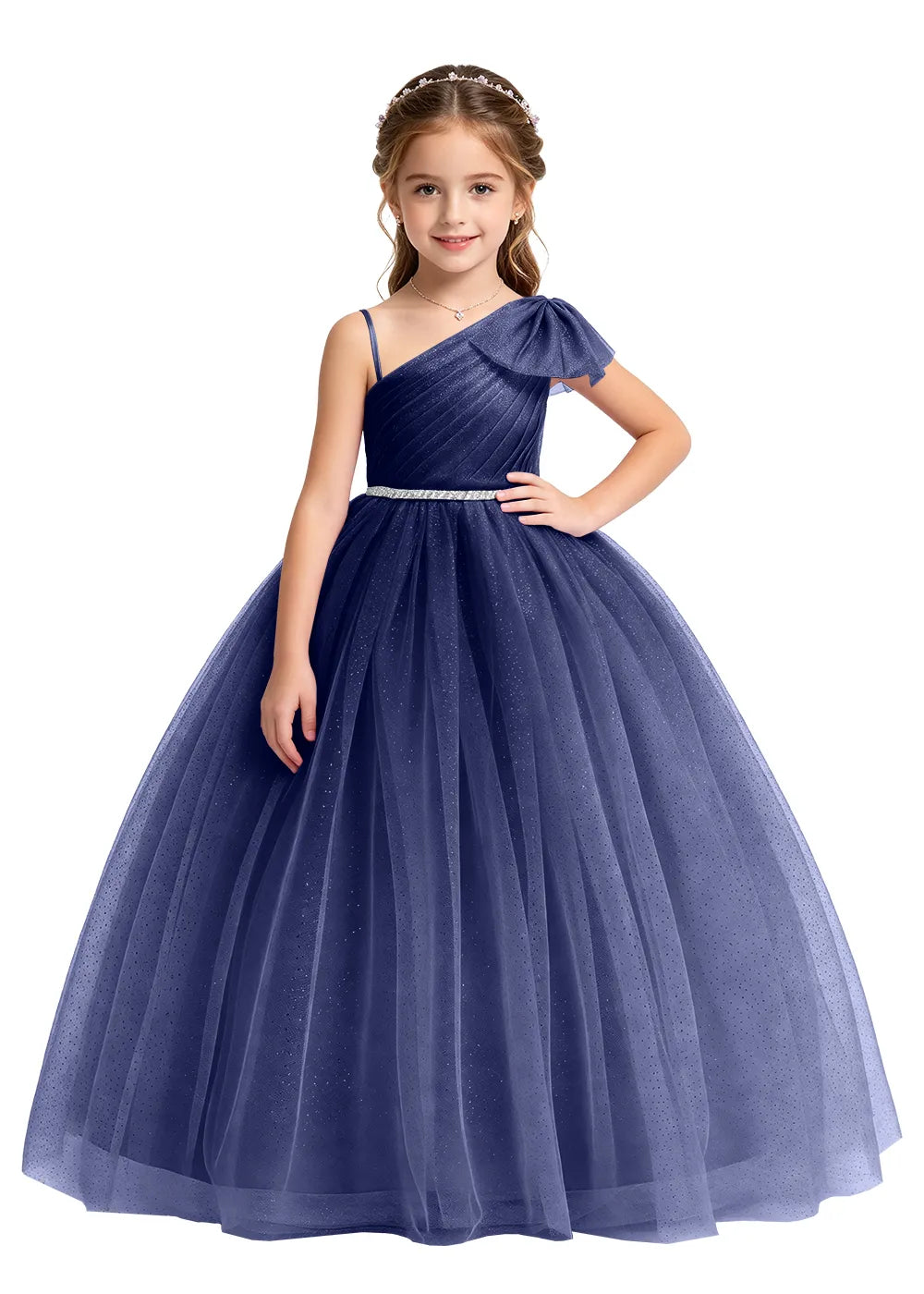 Bow Shoulder Sparkle Tulle Ball Gown