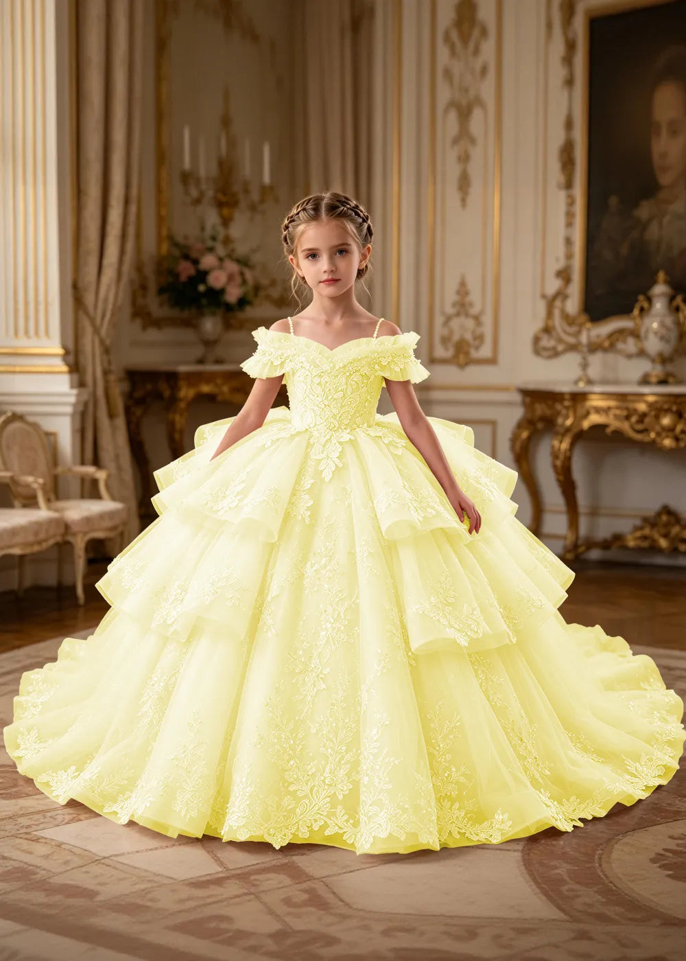 Luxury Princess Tulle Dress with Embroidered Lace and Long Train
