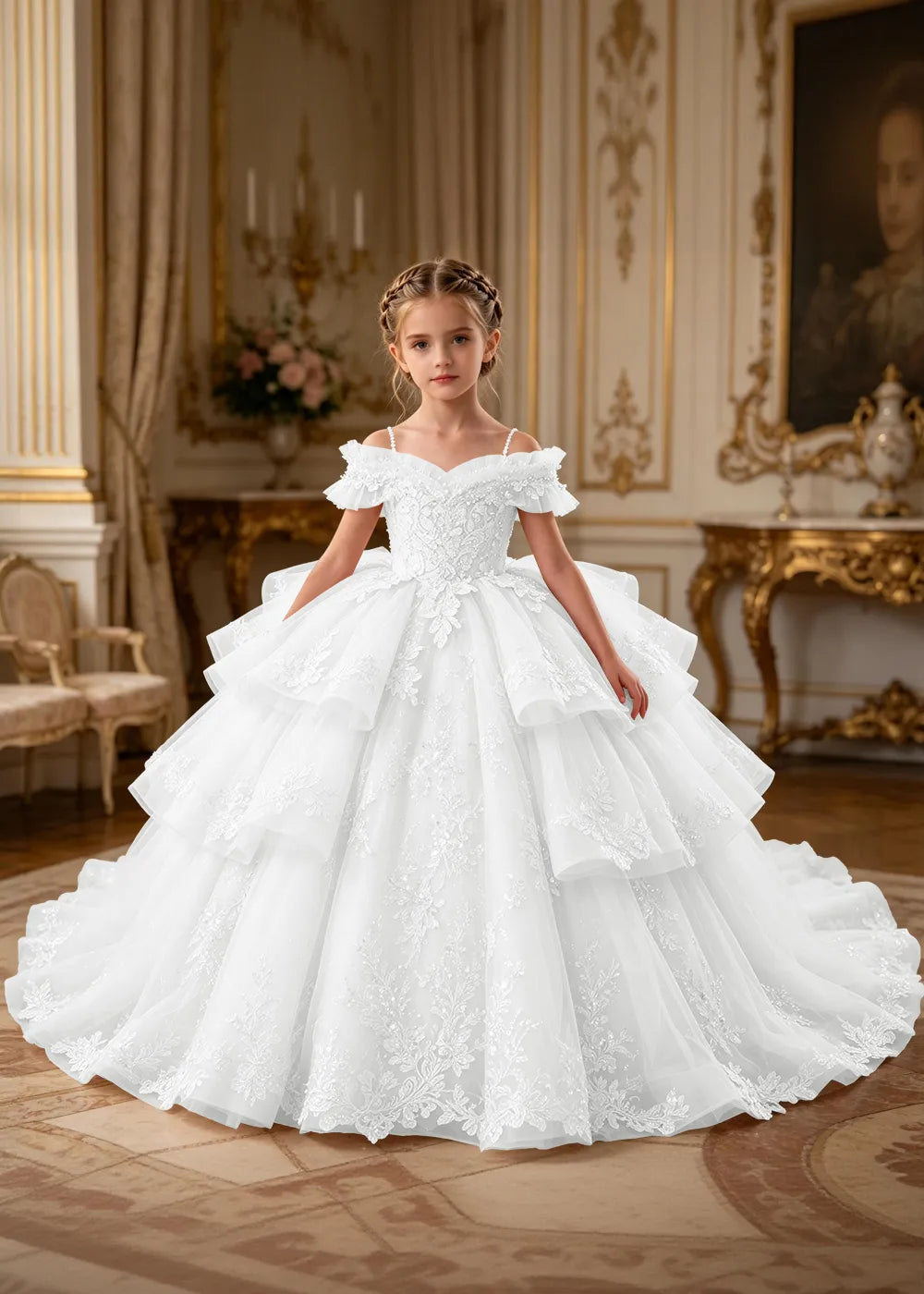 Luxury Princess Tulle Dress with Embroidered Lace and Long Train
