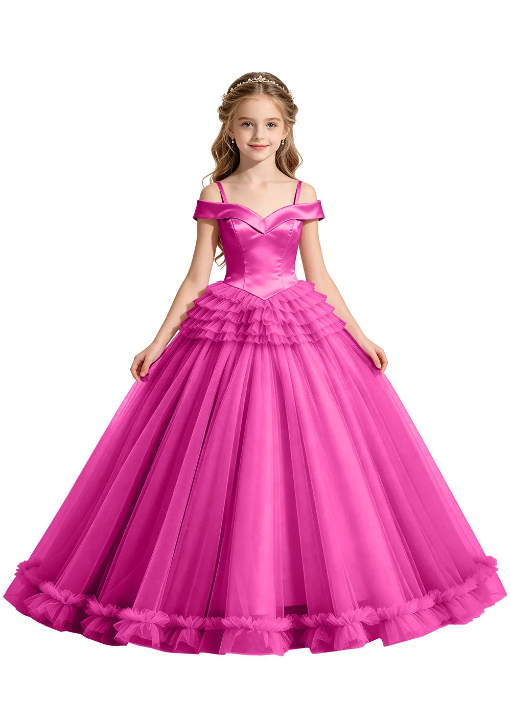Off-Shoulder Satin Princess Ball Gown for Girls