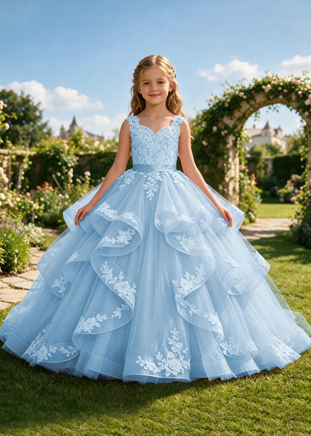 Floral Lace Corset-Back Flower Girl Ball Gown