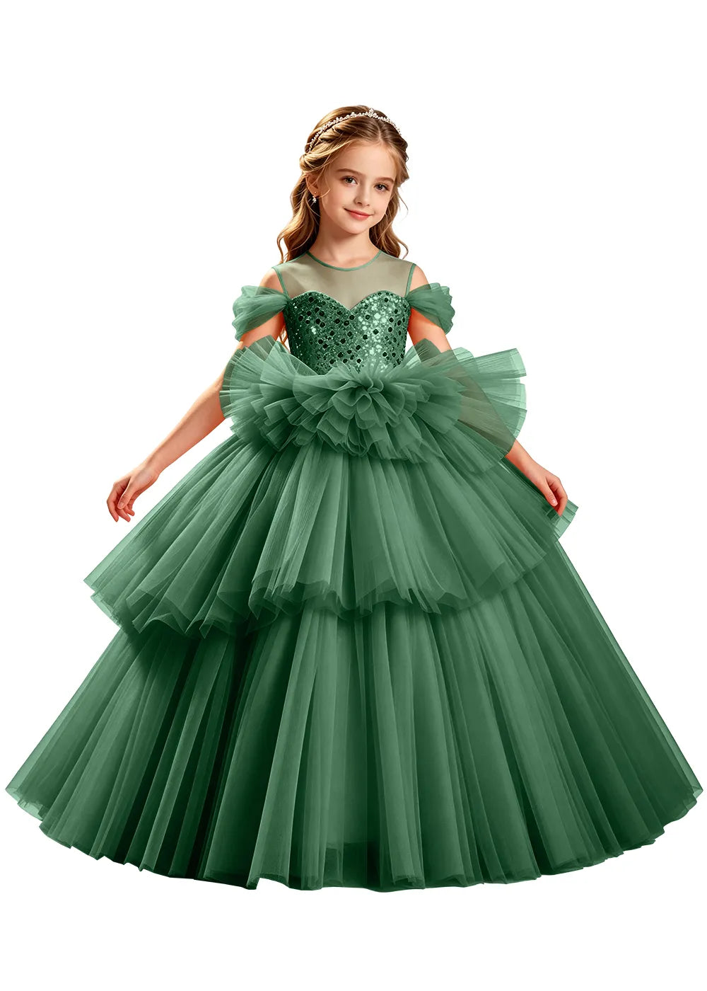 Sequin Off-Shoulder Layered Tulle Pageant Dress