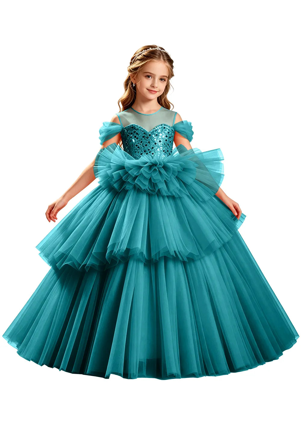 Sequin Off-Shoulder Layered Tulle Pageant Dress