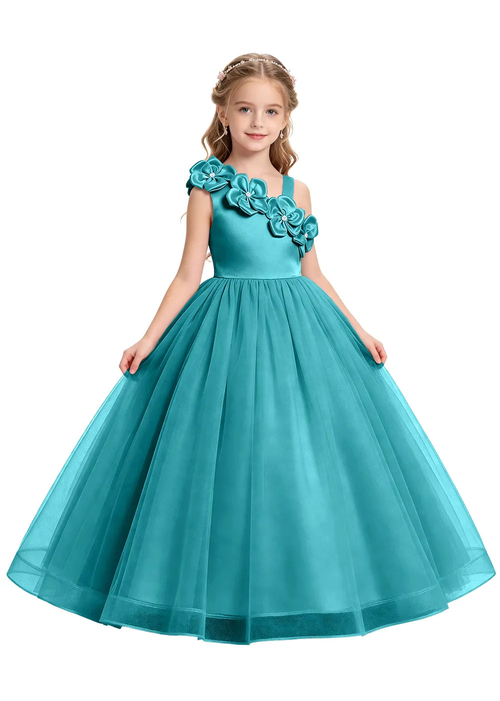3D Floral One-Shoulder Princess Ball Gown for Girls