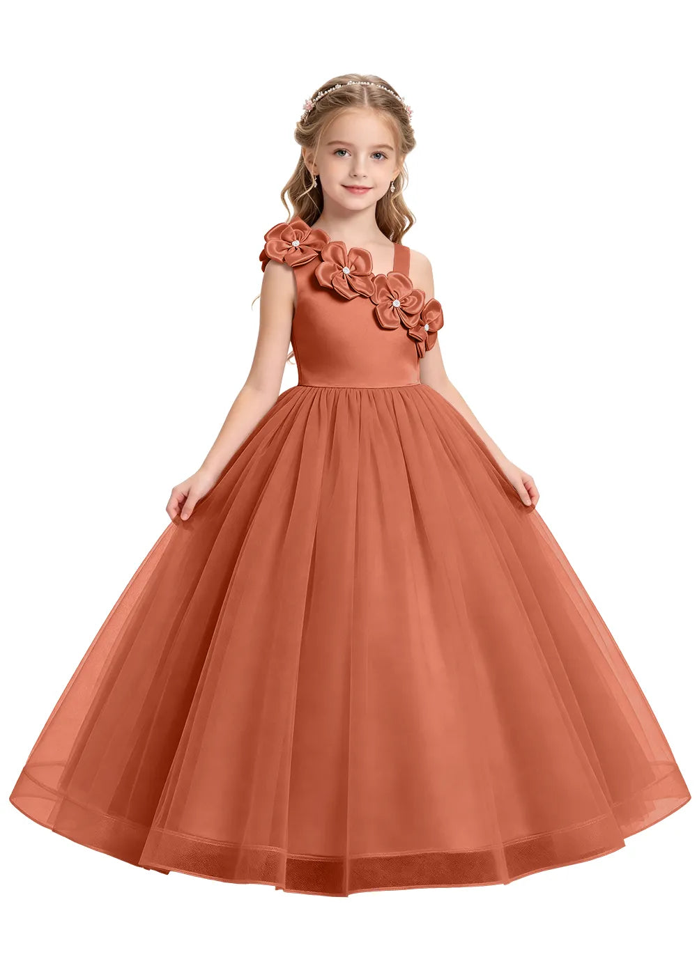 3D Floral One-Shoulder Princess Ball Gown for Girls