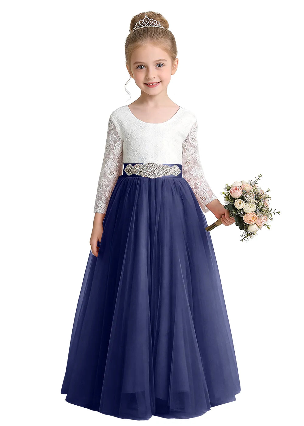 V-Back Lace Flower Girl Gown with Bow Sash