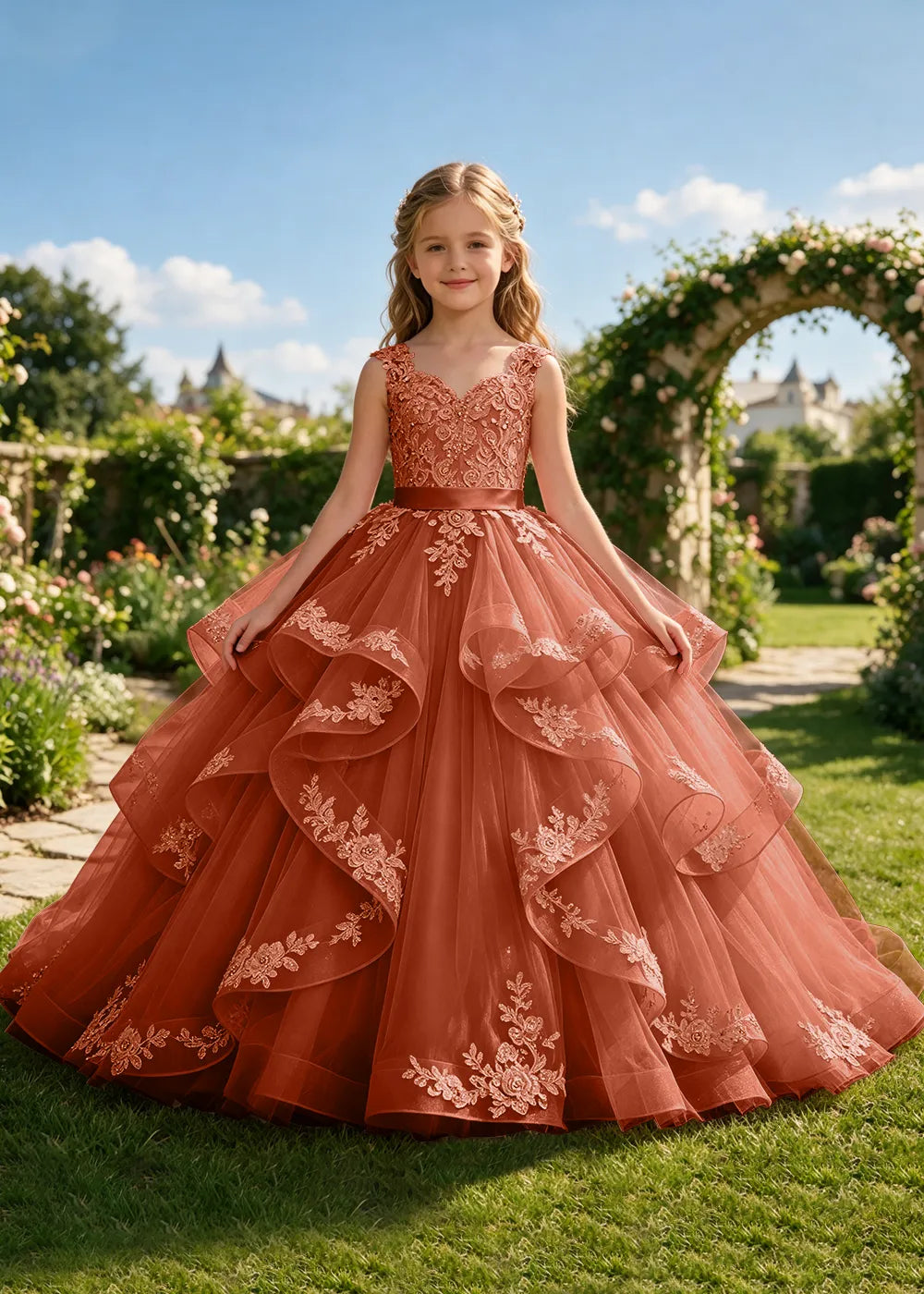 Floral Lace Corset-Back Flower Girl Ball Gown