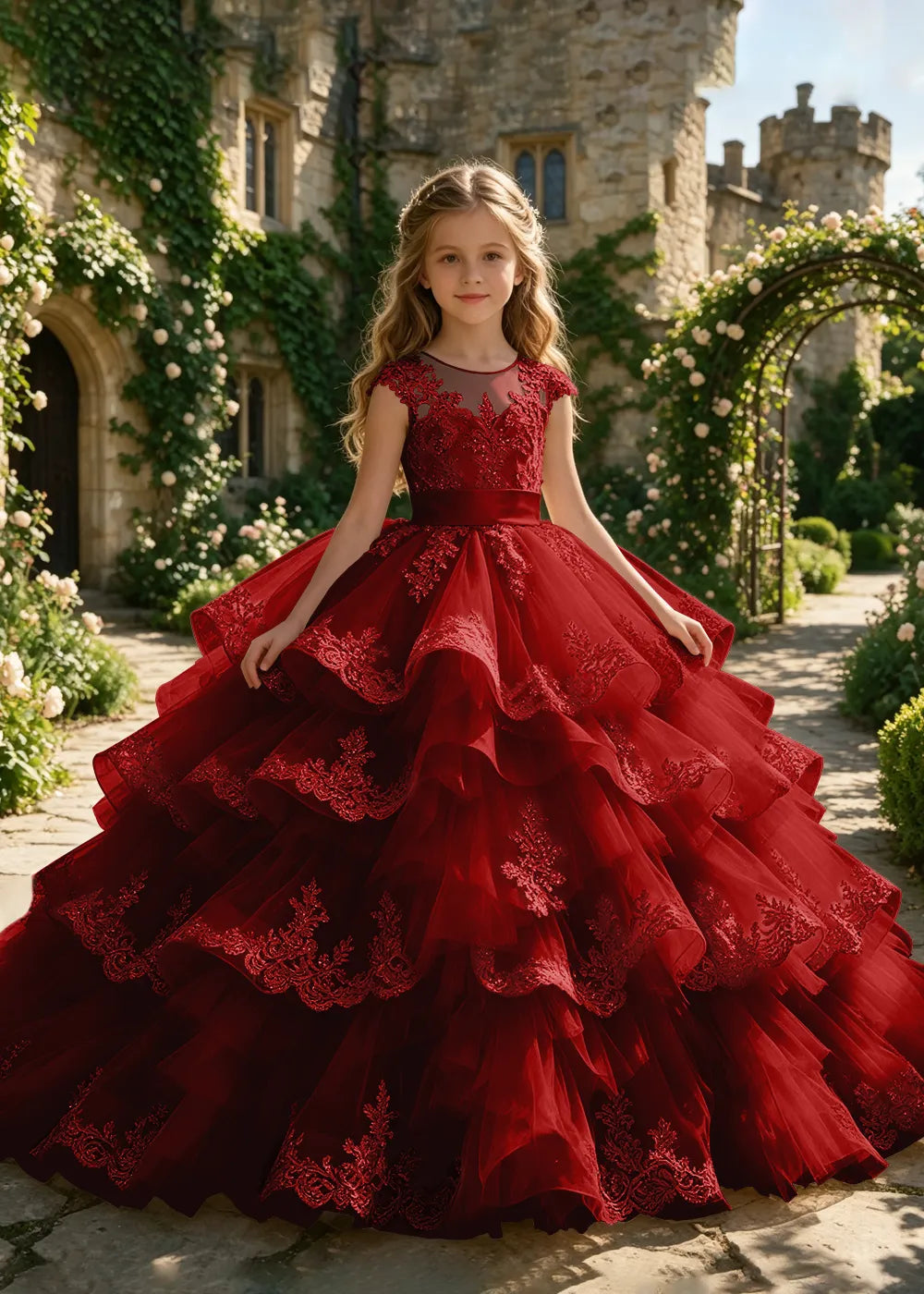 Cascading Lace Ruffle Flower Girl Ball Gown
