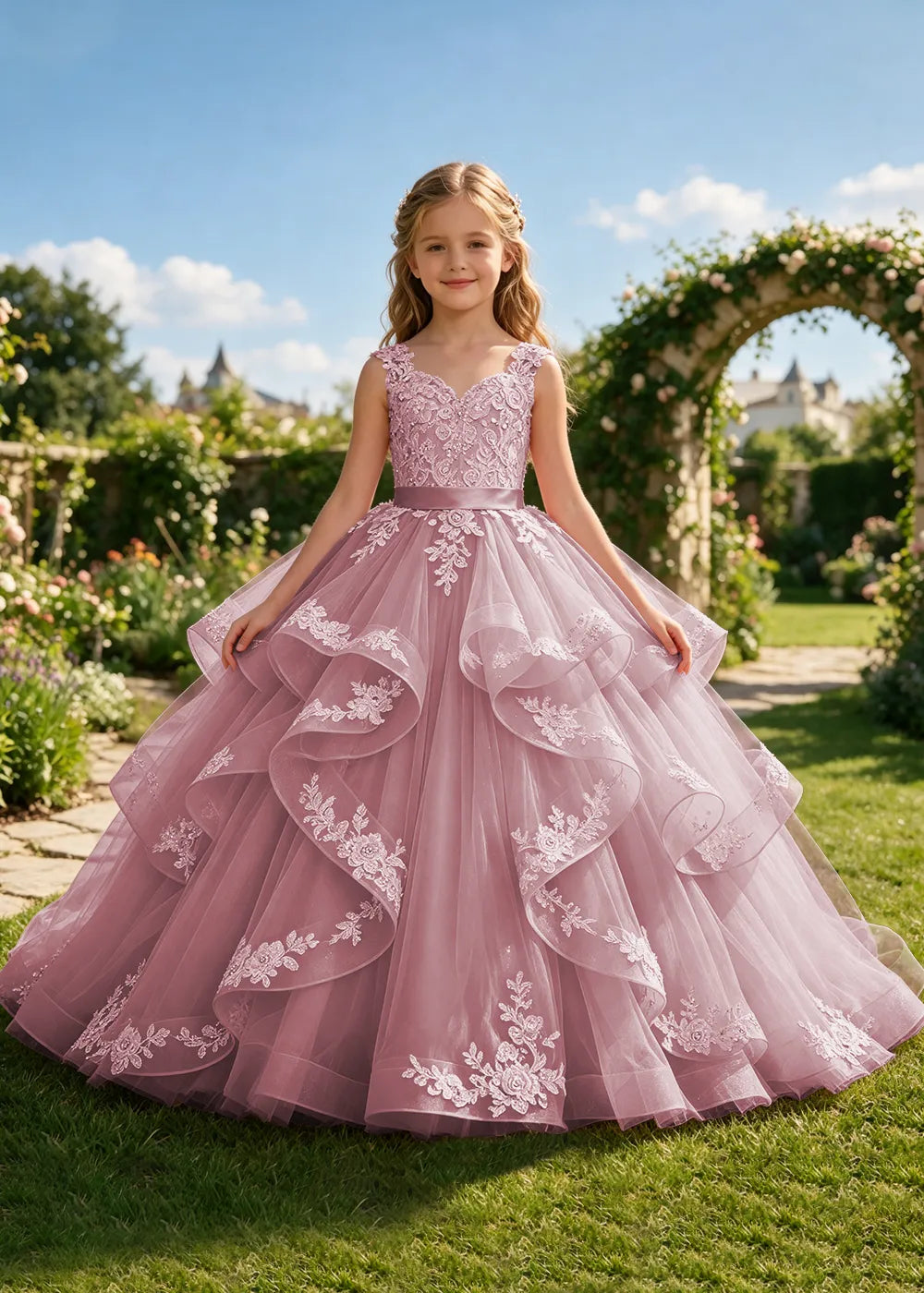 Floral Lace Corset-Back Flower Girl Ball Gown