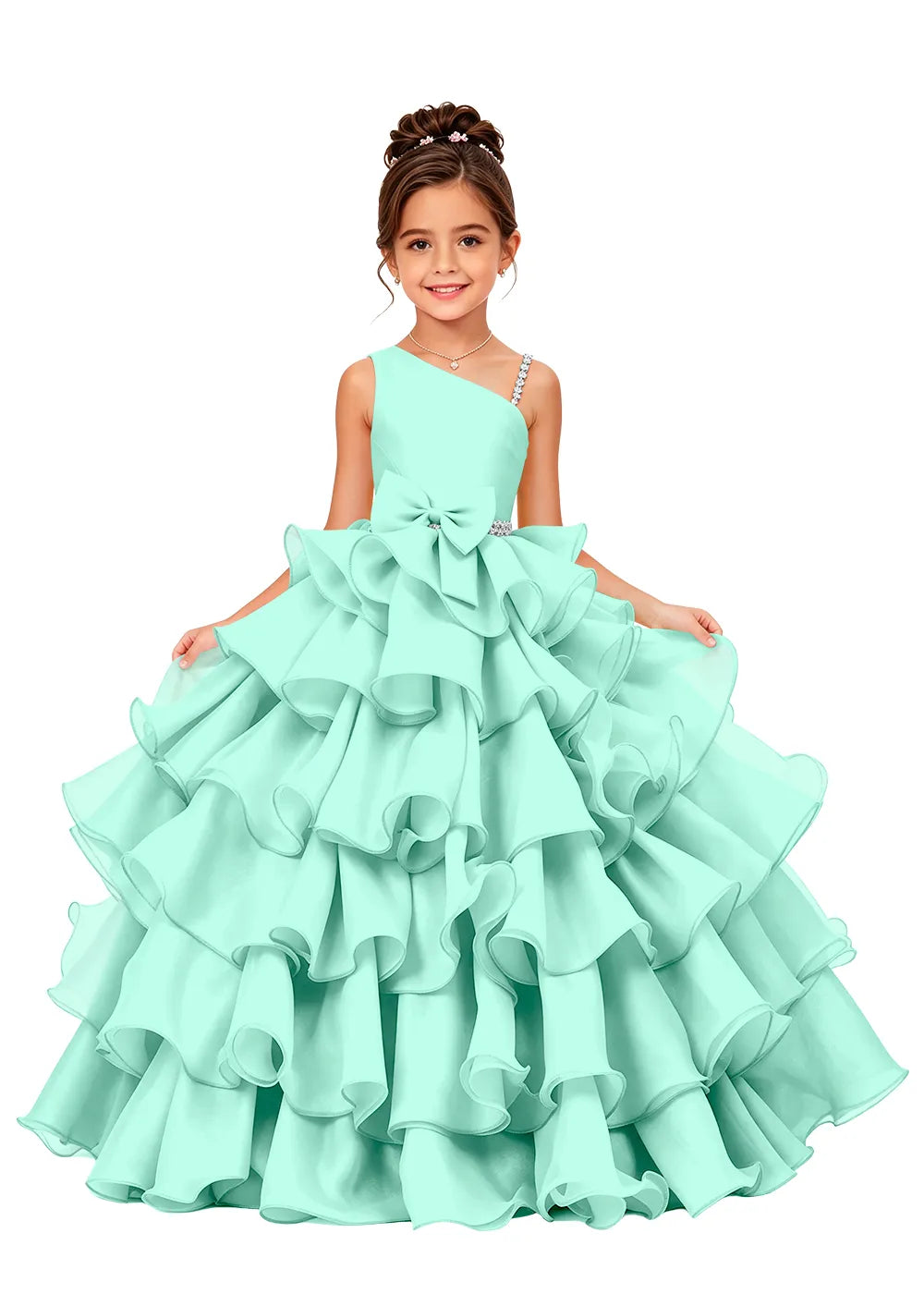 Jeweled Strap Bow-Waist Organza Princess Gown