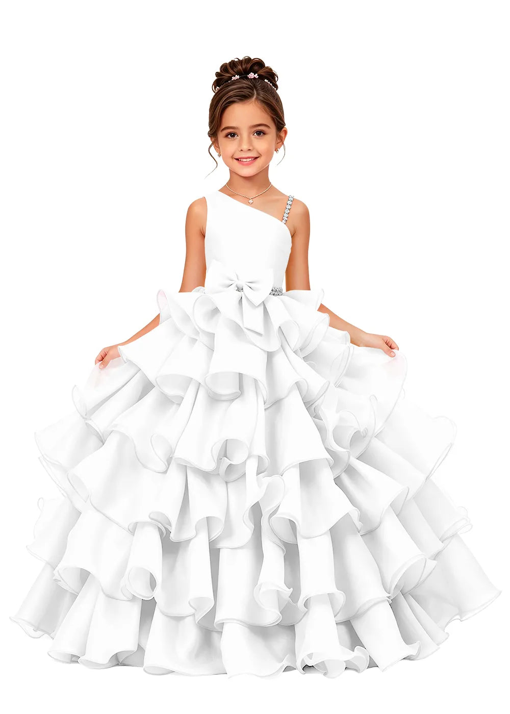 Jeweled Strap Bow-Waist Organza Princess Gown