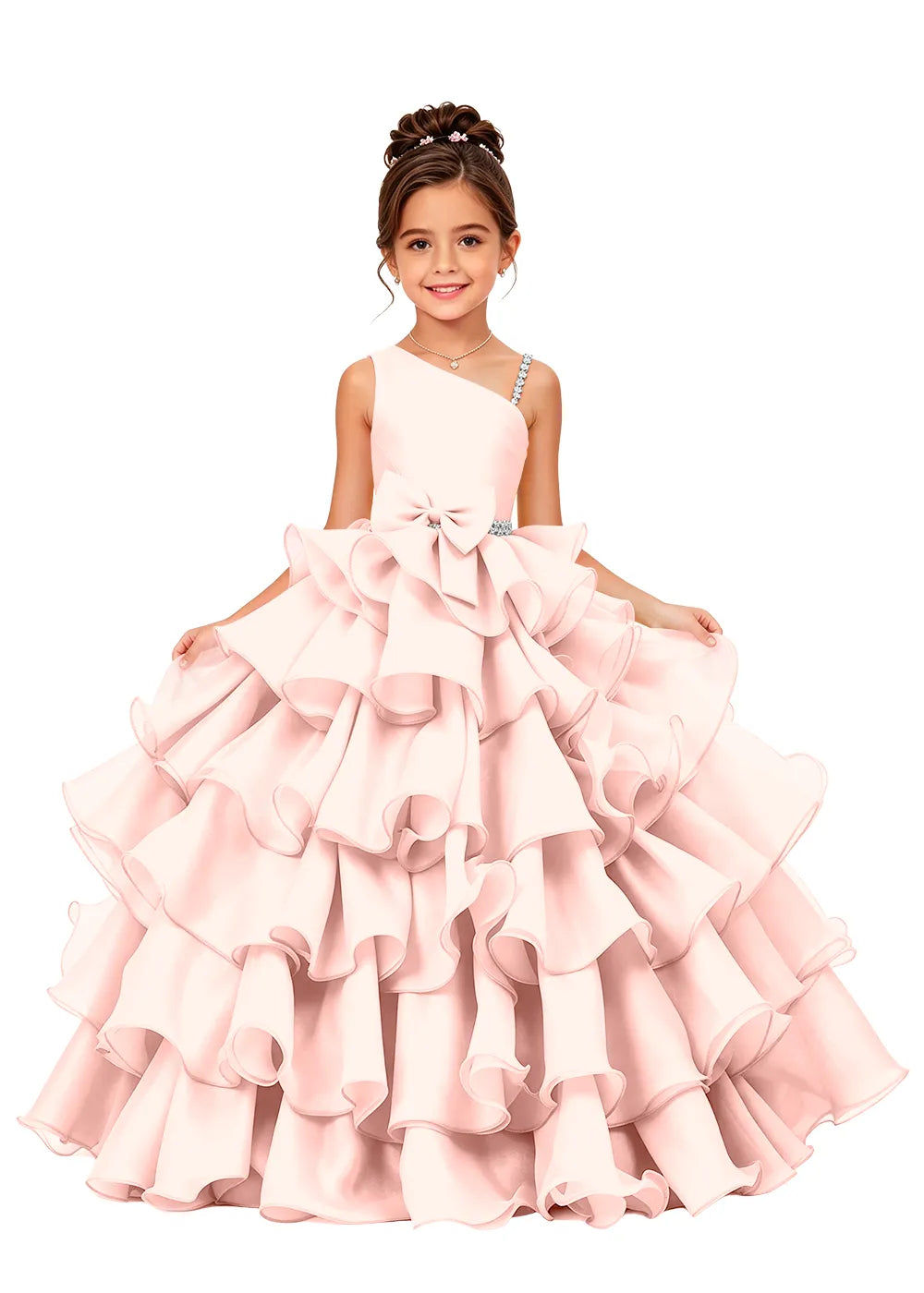 Jeweled Strap Bow-Waist Organza Princess Gown