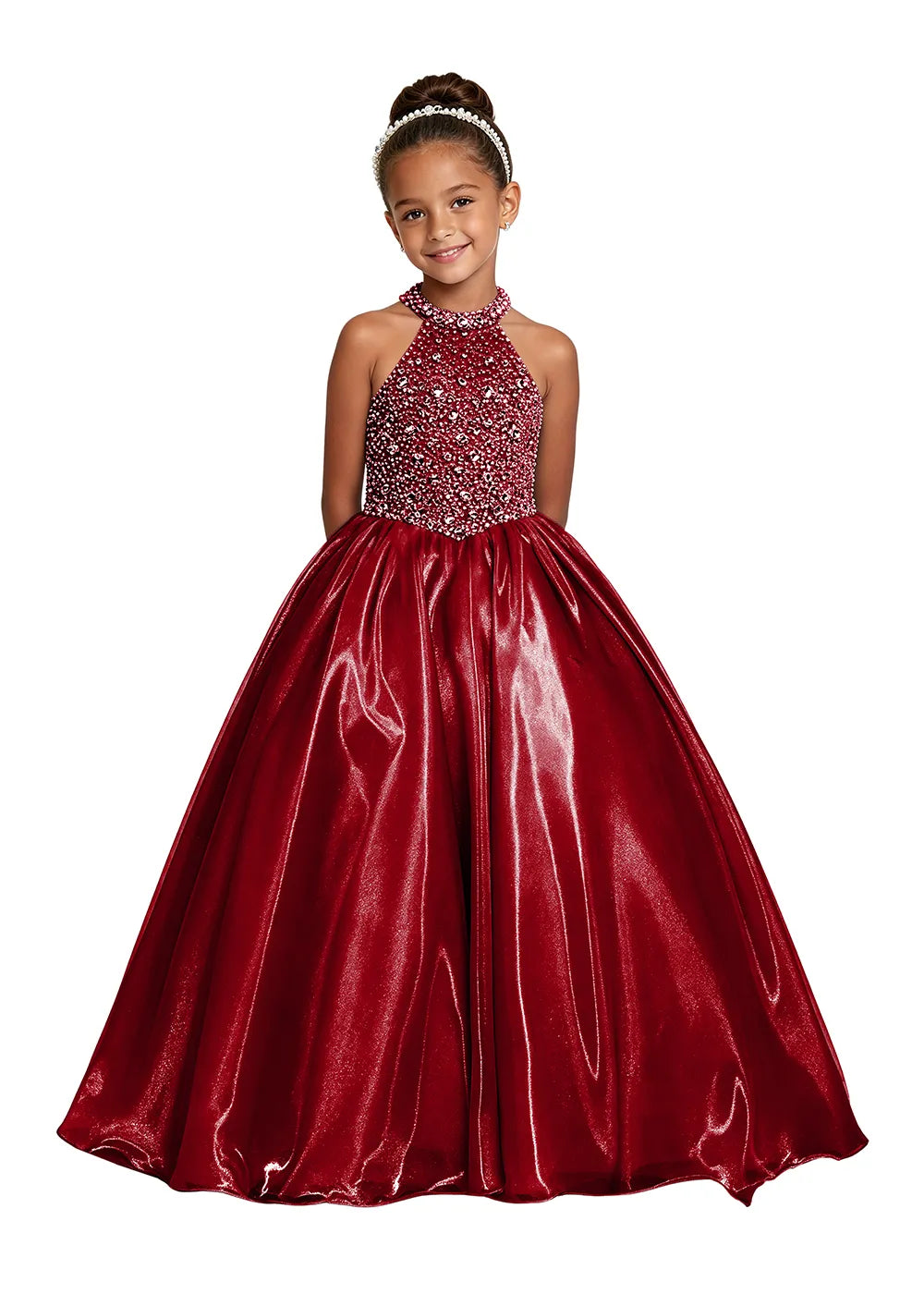 Jeweled Halter Satin Girls Ball Gown