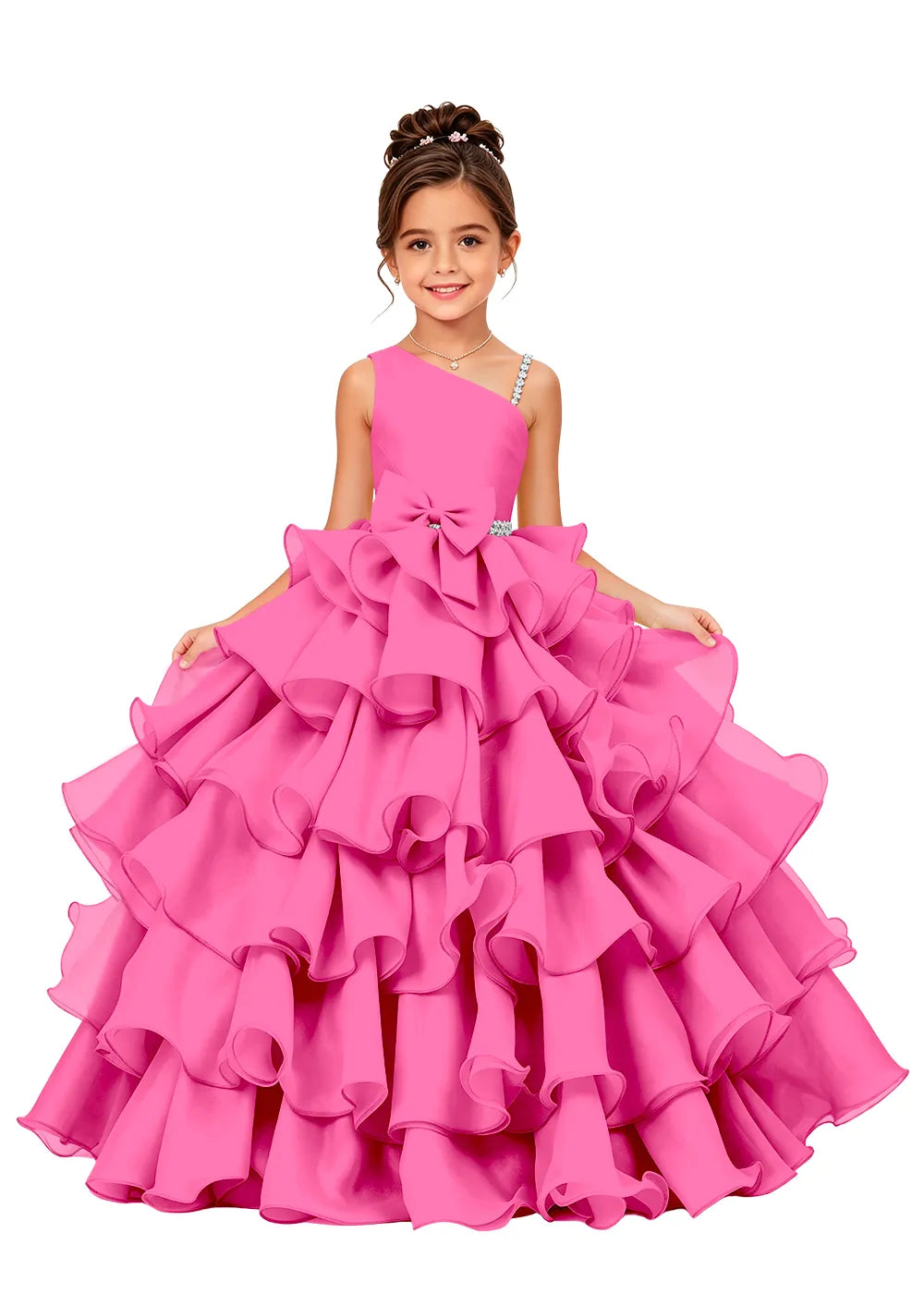 Jeweled Strap Bow-Waist Organza Princess Gown