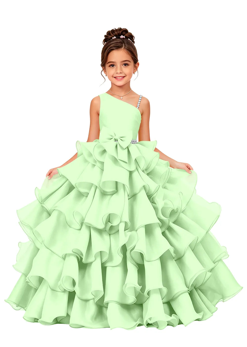 Jeweled Strap Bow-Waist Organza Princess Gown
