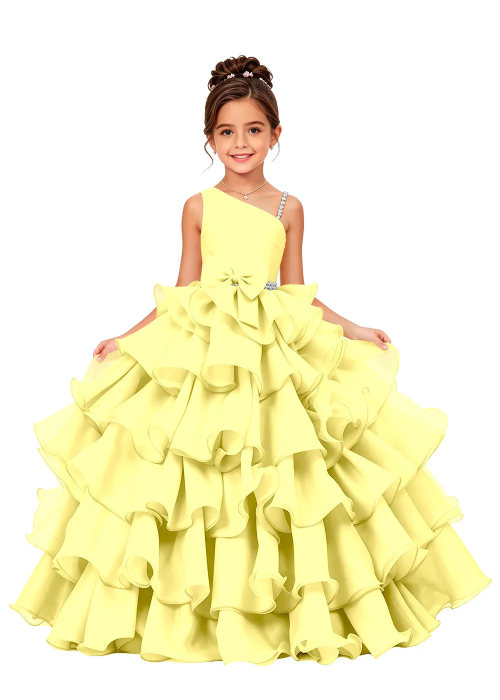 Jeweled Strap Bow-Waist Organza Princess Gown