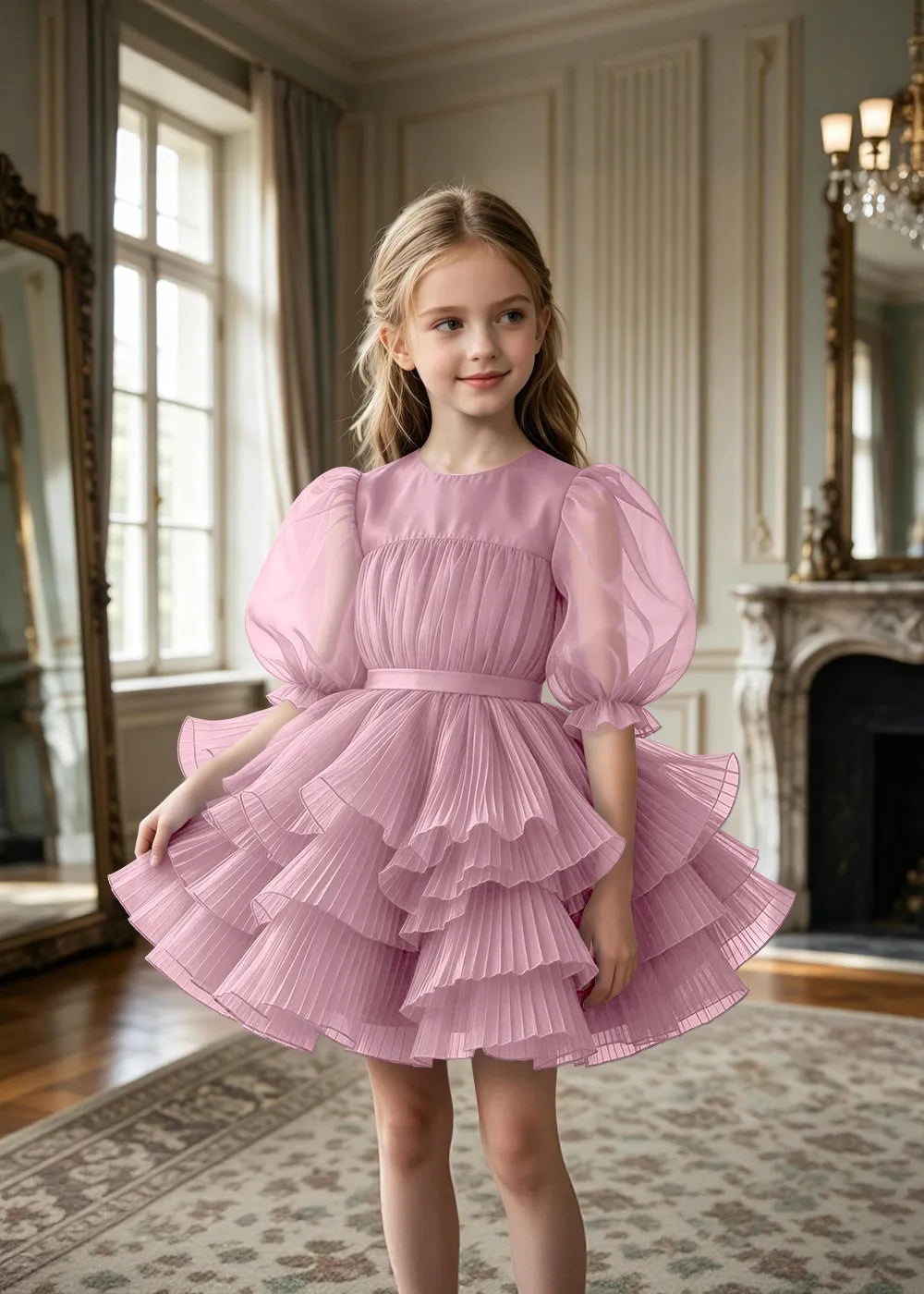 Pleated Puff Sleeve Tulle Party Dress for Girls