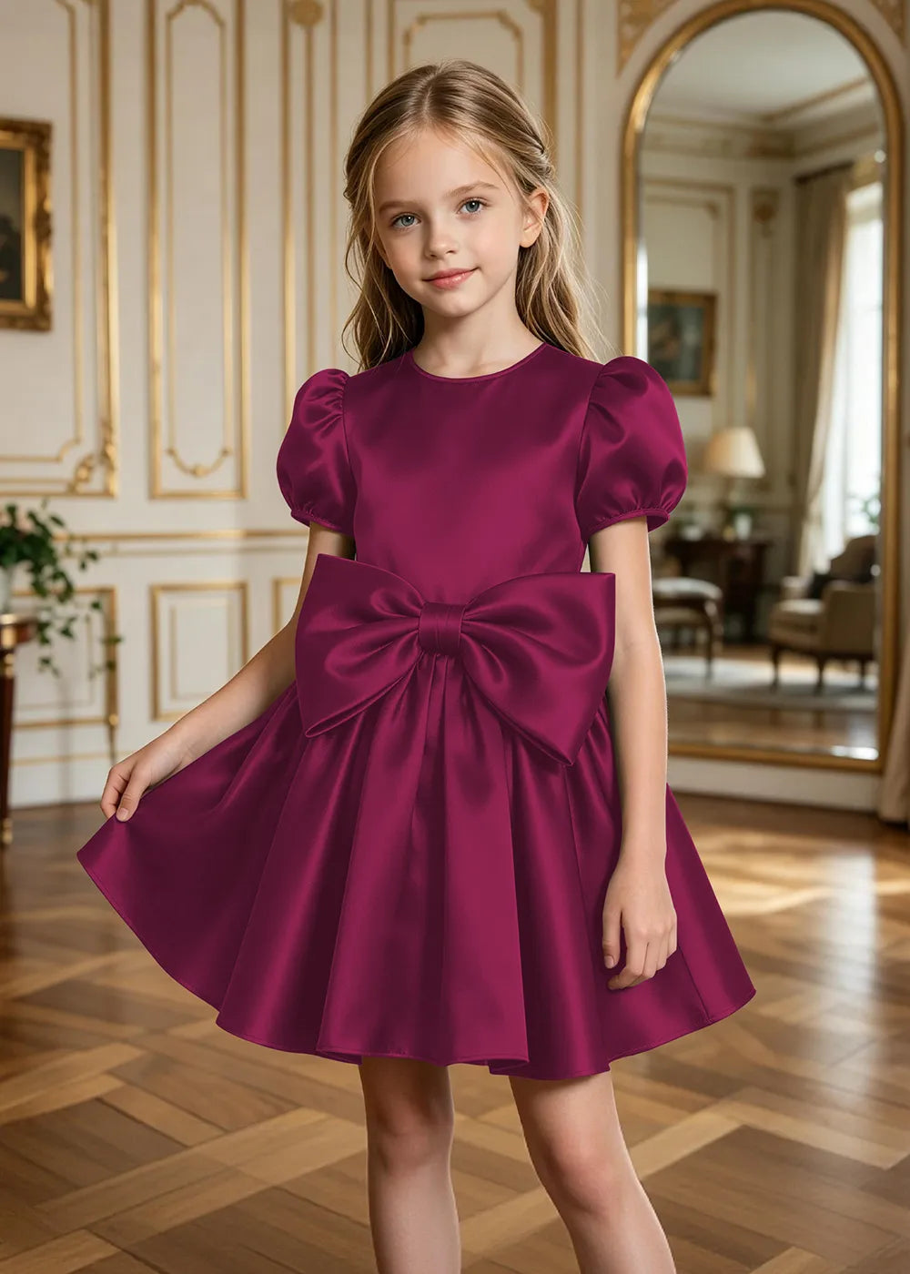 Aurelia Puff-Sleeve Satin Bow Party Dress