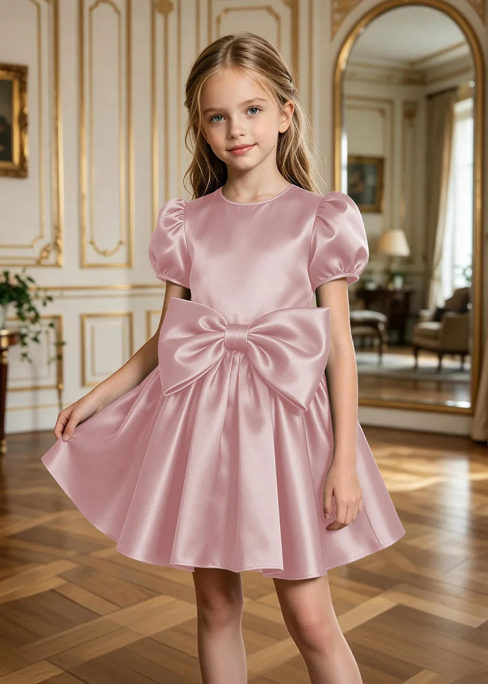 Aurelia Puff-Sleeve Satin Bow Party Dress
