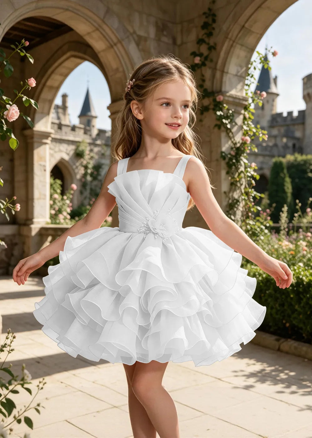 Sculpted Floral Ruffle Party Dress for Girls