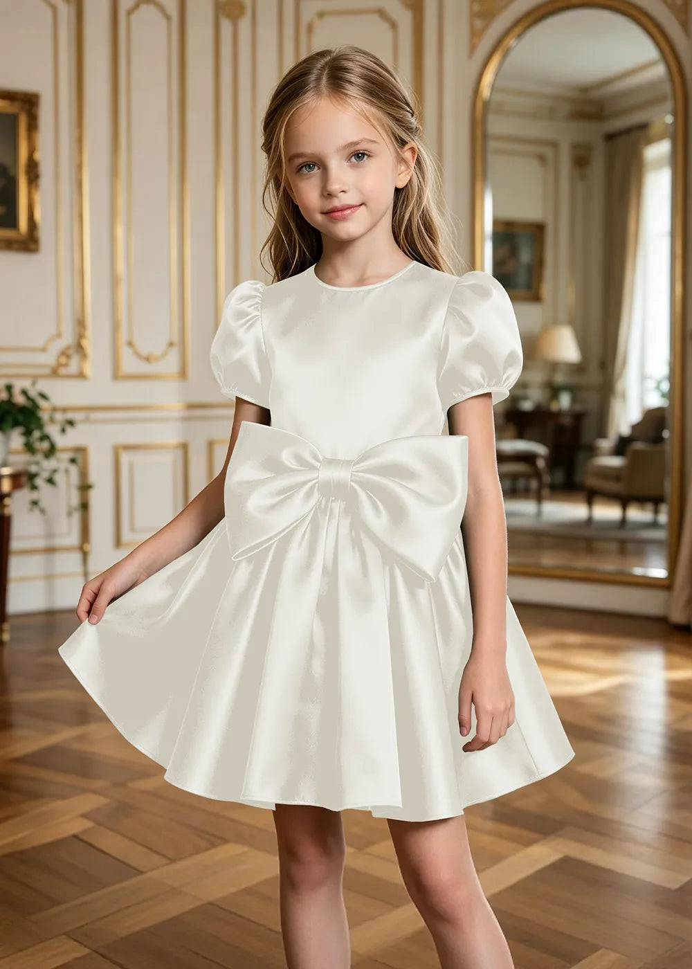 Aurelia Puff-Sleeve Satin Bow Party Dress