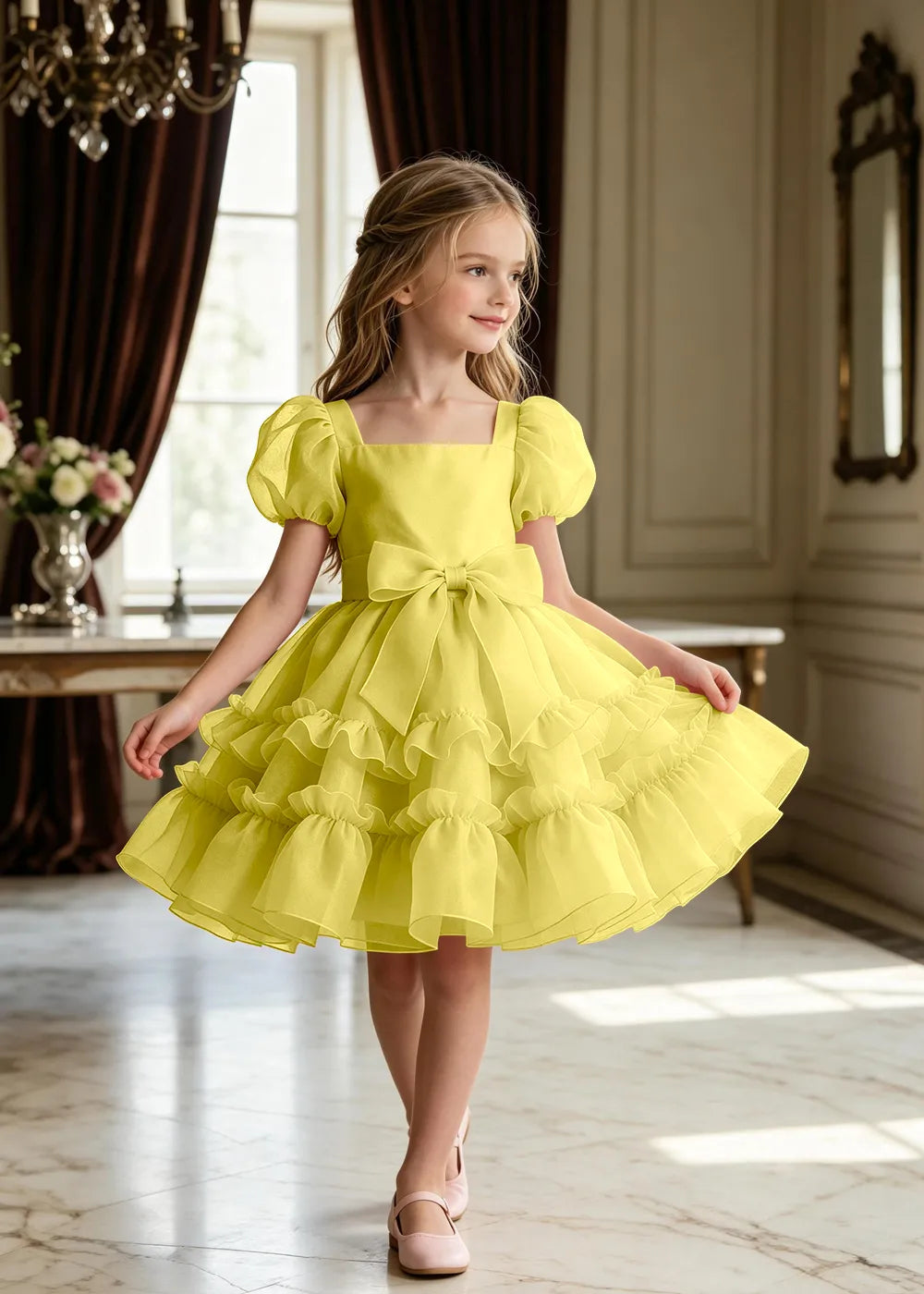 Puff Sleeve Bow Waist Tulle Party Dress for Girls