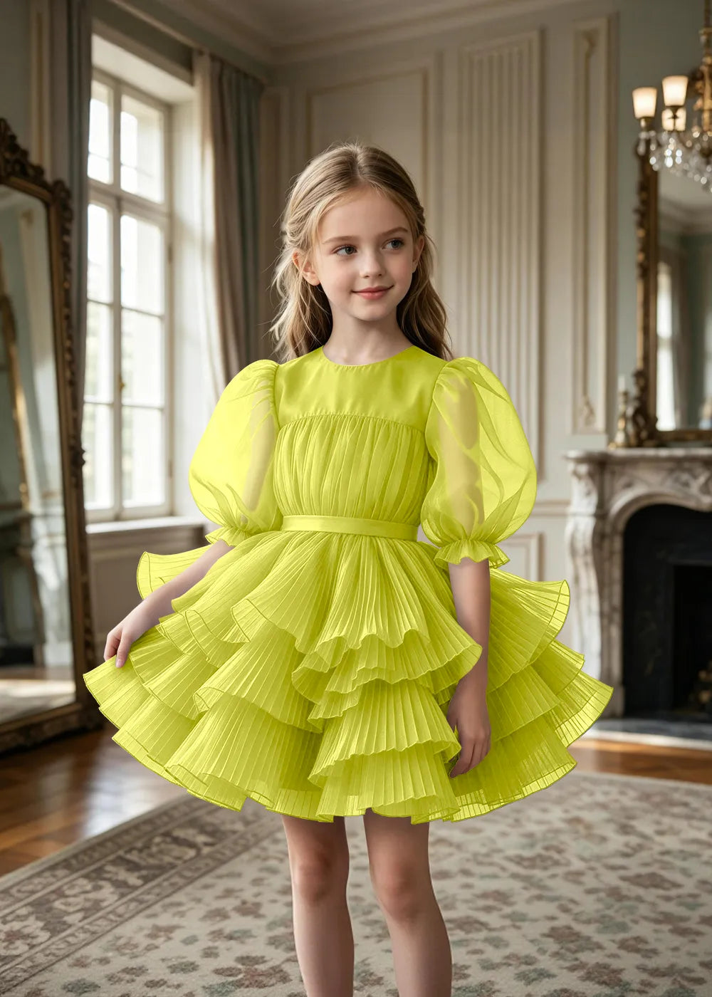 Pleated Puff Sleeve Tulle Party Dress for Girls