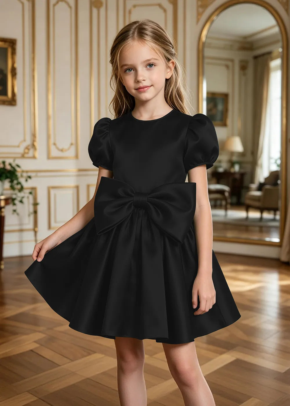 Aurelia Puff-Sleeve Satin Bow Party Dress