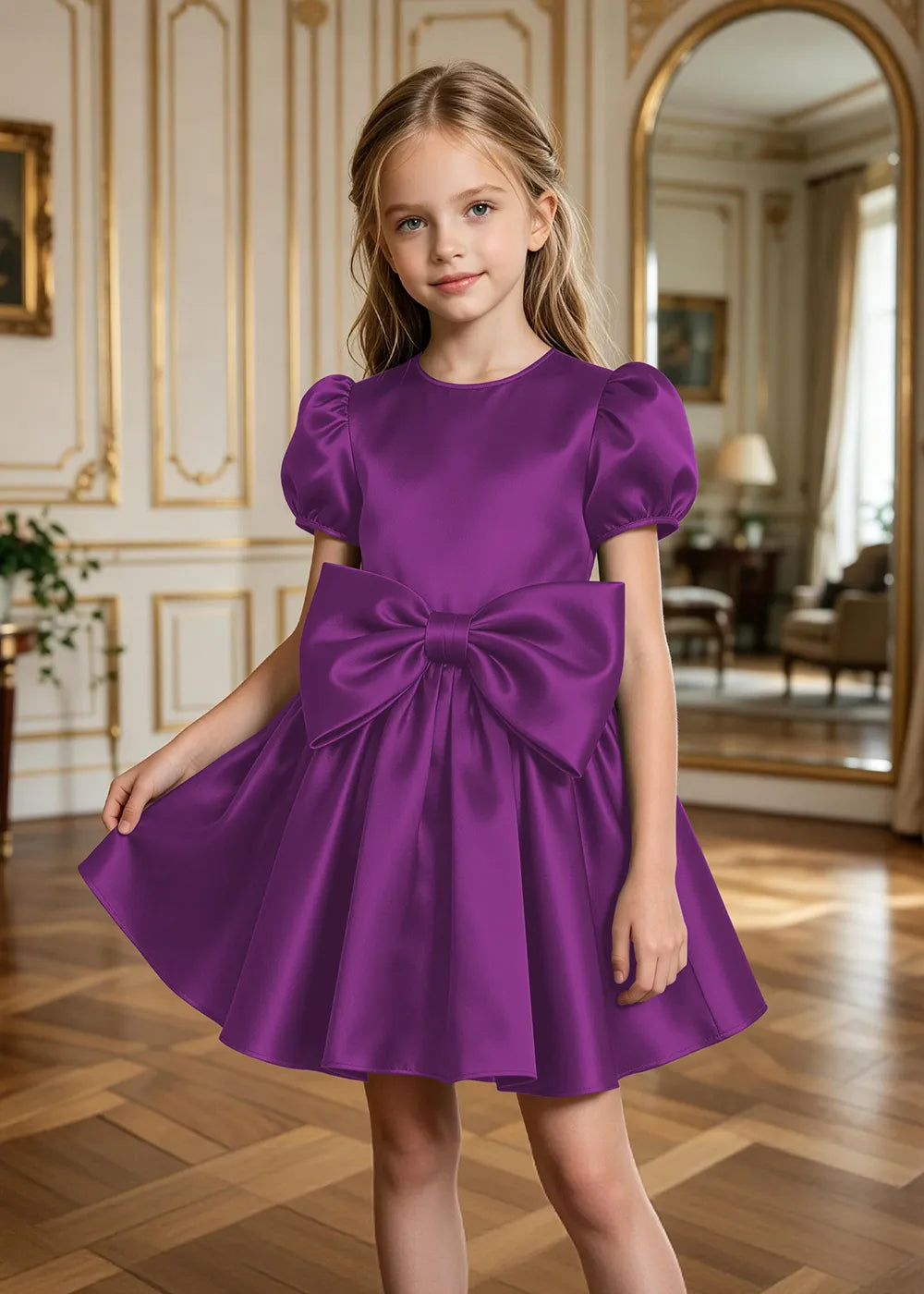 Aurelia Puff-Sleeve Satin Bow Party Dress