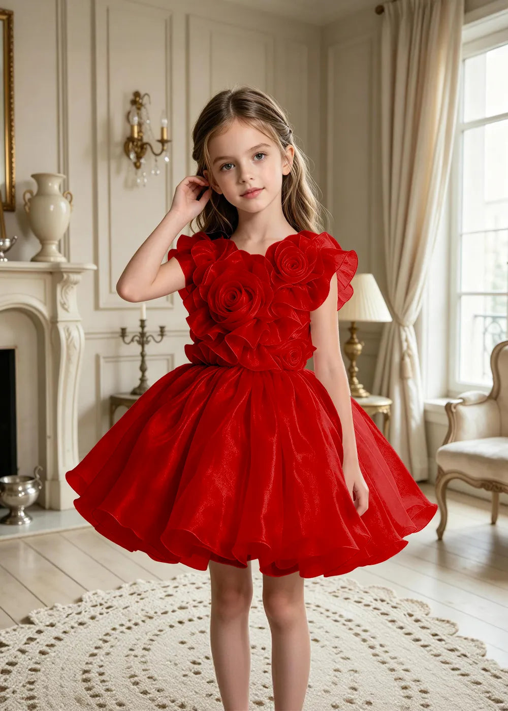 3D Rose Appliqué Tulle Party Dress for Girls
