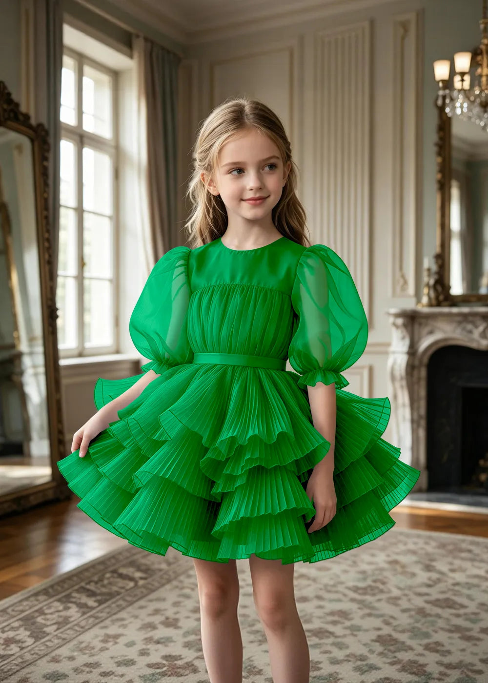Pleated Puff Sleeve Tulle Party Dress for Girls