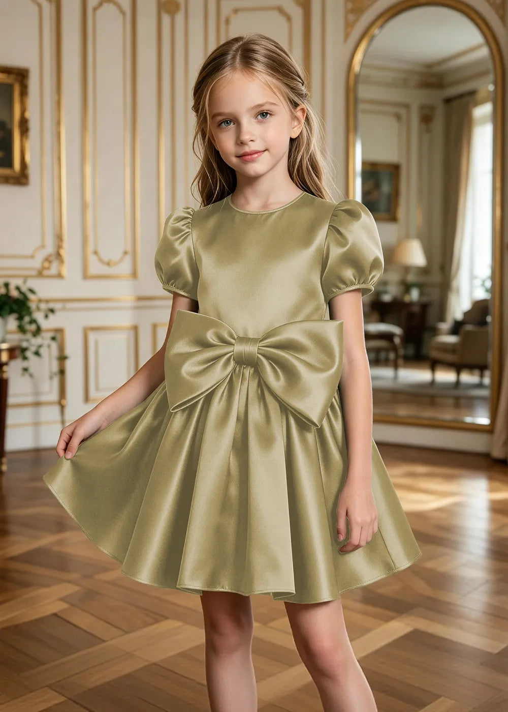 Aurelia Puff-Sleeve Satin Bow Party Dress