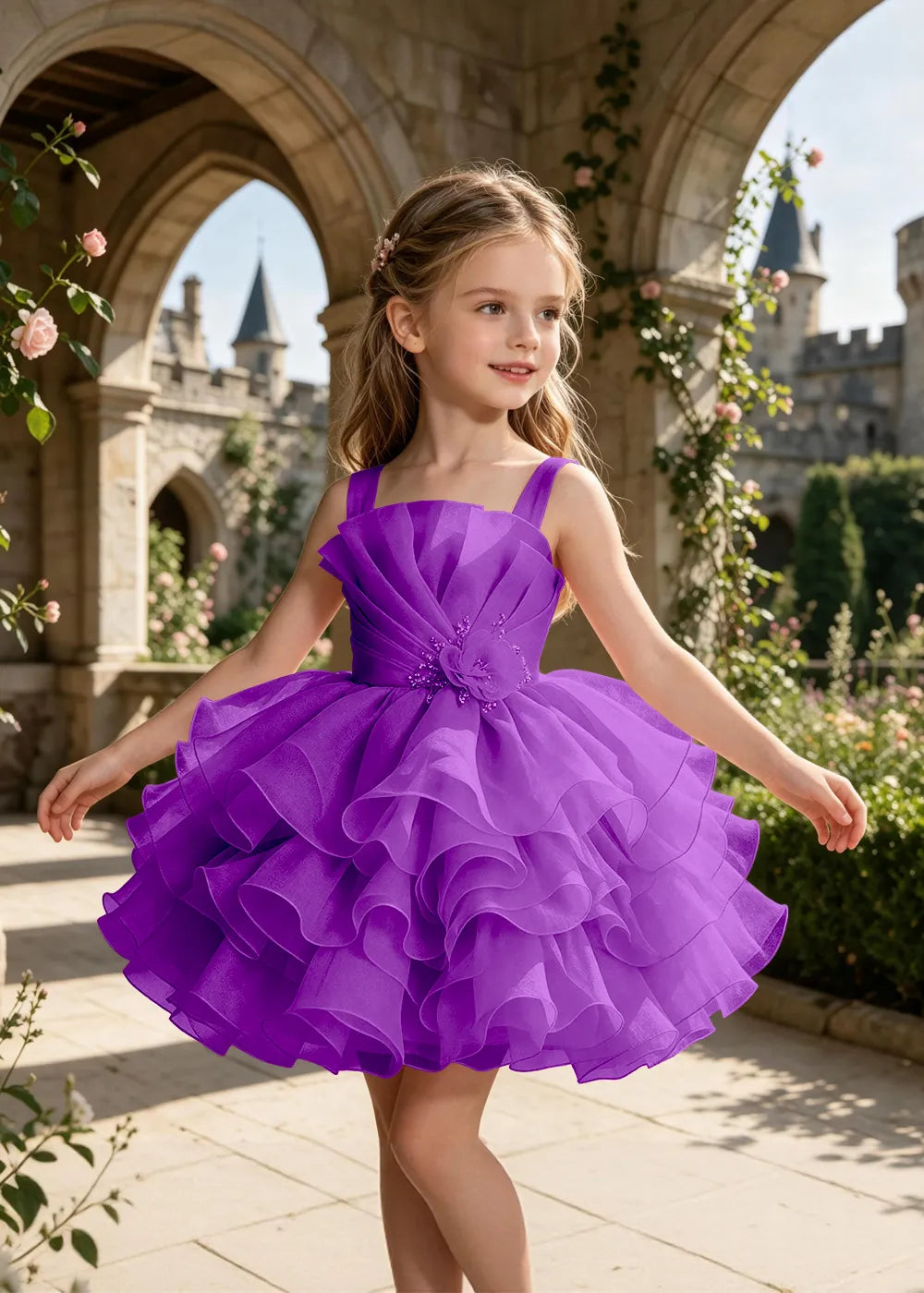 Sculpted Floral Ruffle Party Dress for Girls
