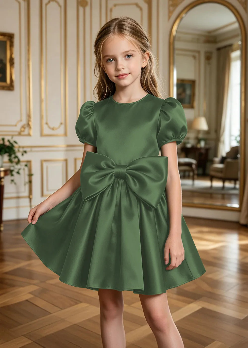 Aurelia Puff-Sleeve Satin Bow Party Dress