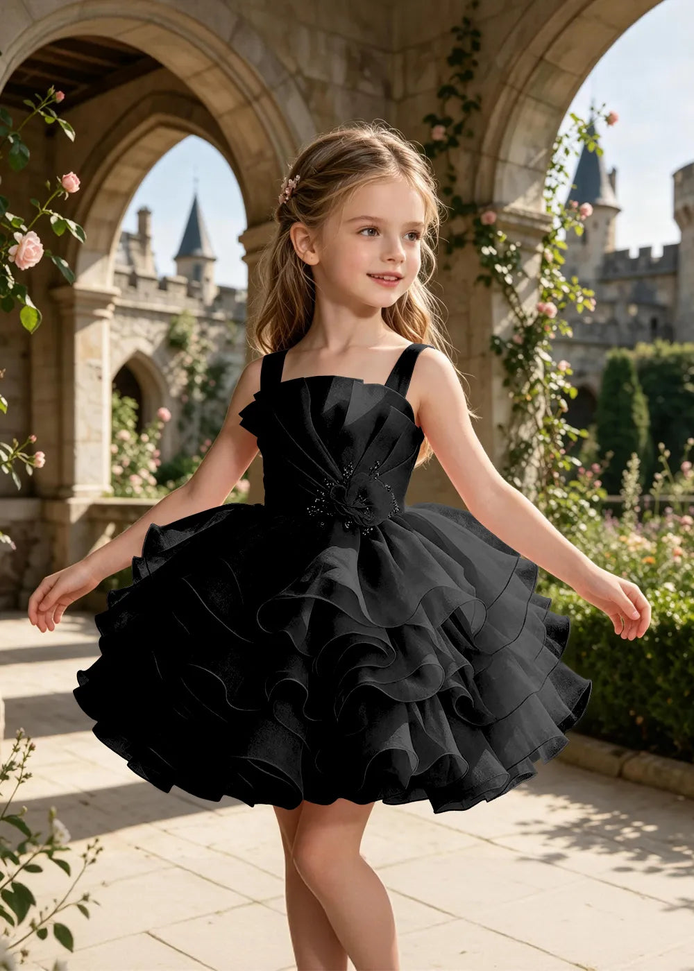 Sculpted Floral Ruffle Party Dress for Girls