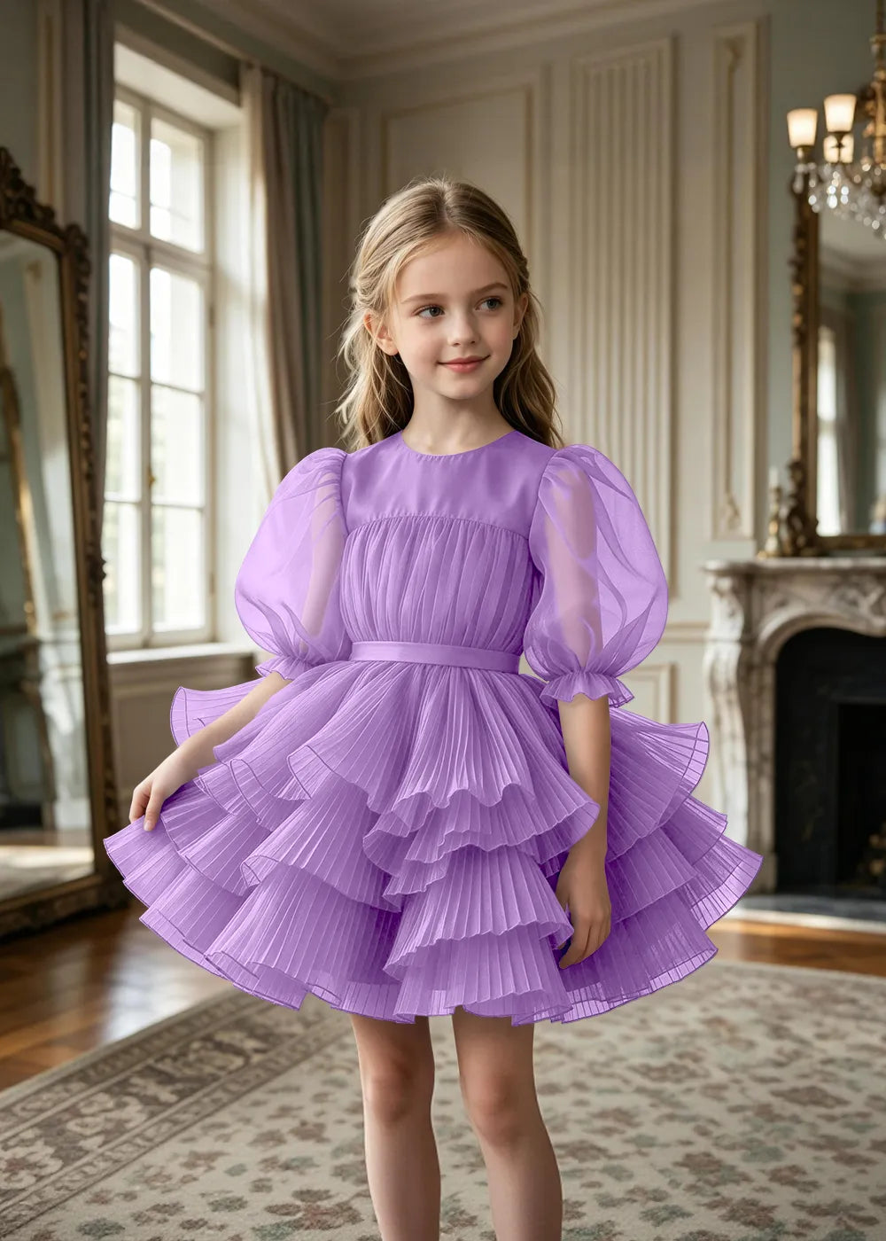 Pleated Puff Sleeve Tulle Party Dress for Girls