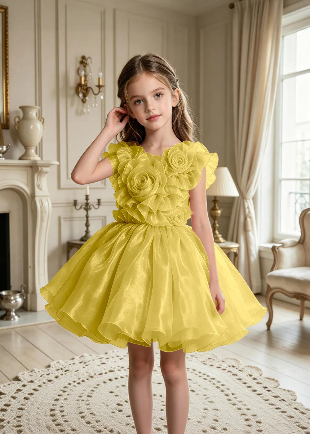3D Rose Appliqué Tulle Party Dress for Girls